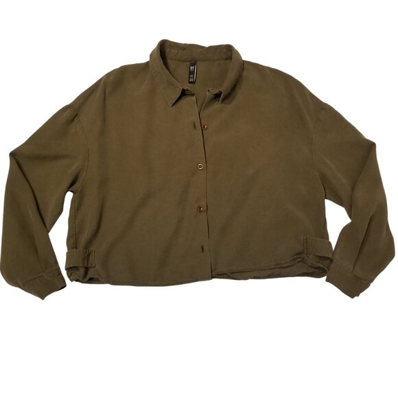 Cropped Button Down Shirt Long Sleeve Army Green Medium Zara TRF Collared Blouse - Picture 1 of 11